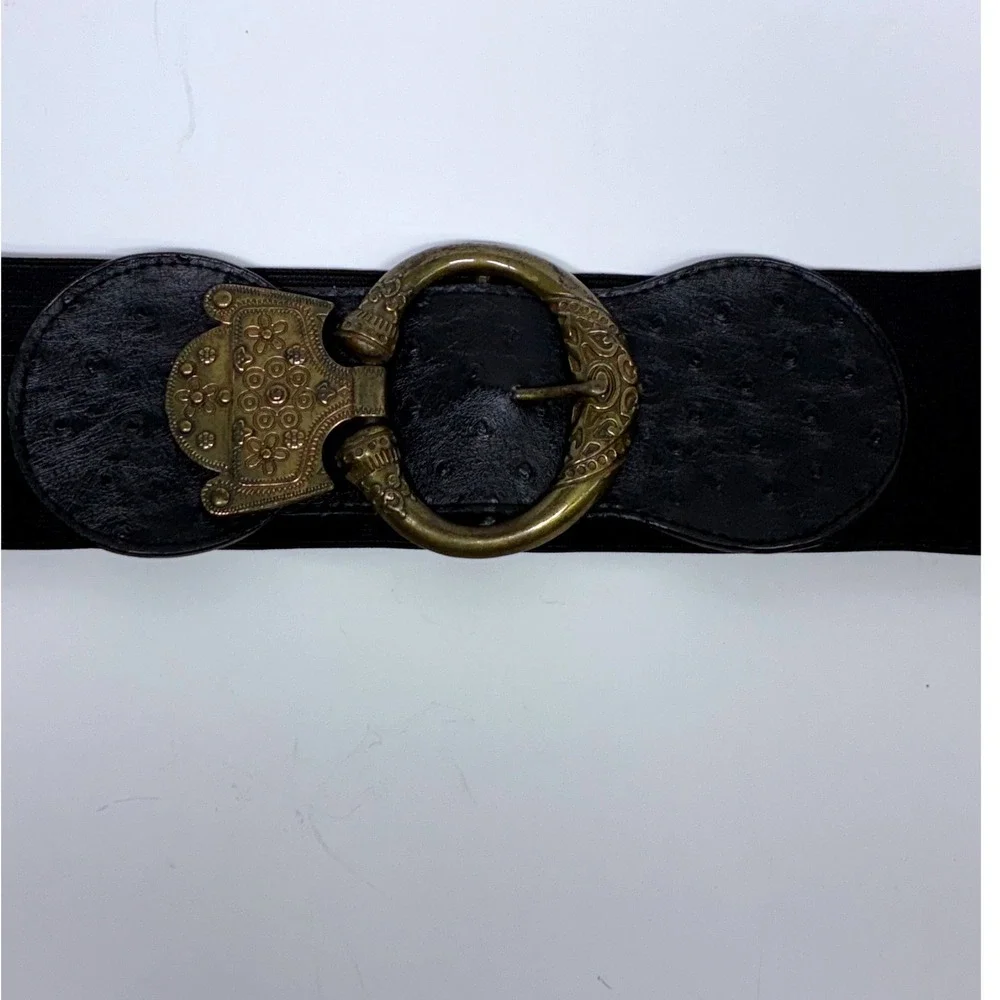Lake Shore Drive Belt Womens ML Black Elastic Ostrich Print Ornate Brass Buckle